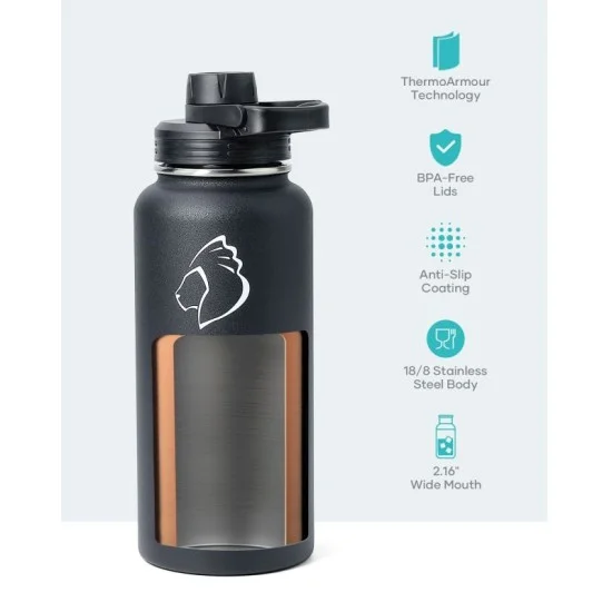 Buzio Trio Series Water Bottle with 3 Lids and Sleeve 1L - Black